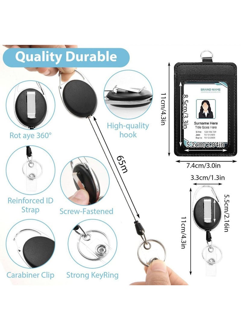 2-Piece ID Card Holder, with Lanyard and Retractable Badge Reel Clip, Unisex Leather ID Badge Holder with Clear ID Window & Credit Card Slots for Work/School Black - Image 3