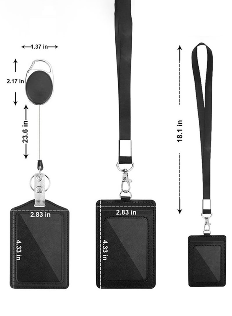 2-Piece ID Card Holder, with Lanyard and Retractable Badge Reel Clip, Unisex Leather ID Badge Holder with Clear ID Window & Credit Card Slots for Work/School Black - Image 2