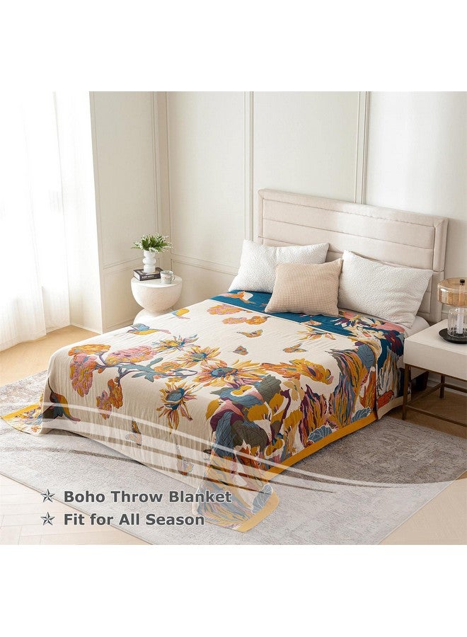 LUTBM Boho Throw Blanket for Bed 100% Cotton Ultra Soft Rustic Quilt Floral Printed Farmhouse Decor Summer Bed Blankets,98"×98" All Season Rustic Throw for Sofa Couch Chair  - Image 2