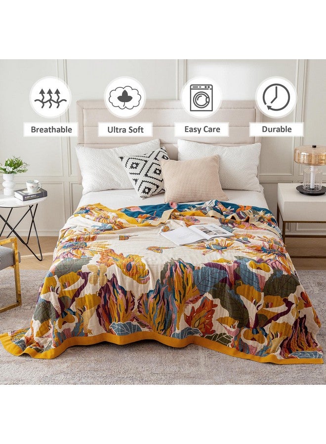 LUTBM Boho Throw Blanket for Bed 100% Cotton Ultra Soft Rustic Quilt Floral Printed Farmhouse Decor Summer Bed Blankets,98"×98" All Season Rustic Throw for Sofa Couch Chair  - Image 1