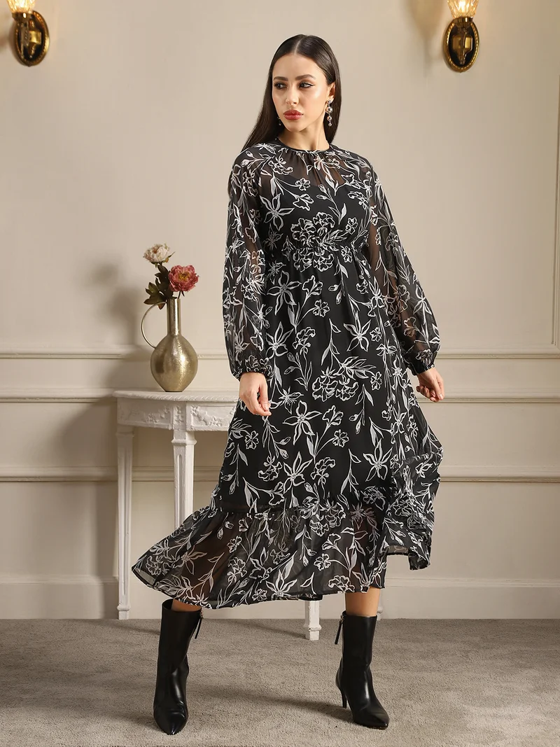 جلو باص فستان ميدي نسائي أسود بطبعات زهور شاملة وأكمام أسقفية وتصميم مزموم وطبقات واسعة