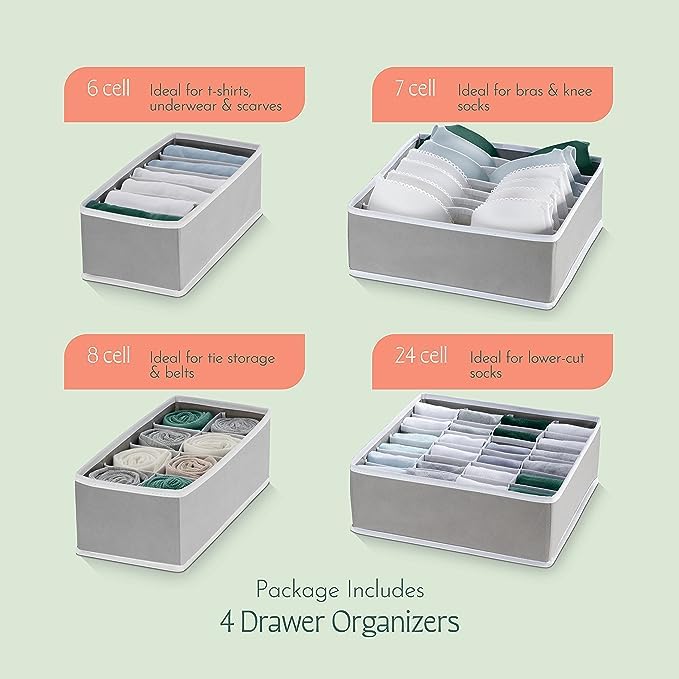 Styleys Non Woven Clothing Storage Box Closet Dresser Drawer Organizer Cube Basket Bins Containers Divider Organiser For Bra Panty Socks Tie Underwear Innerwear Scarf,Set Of 4(Grey-S1014) - Image 3