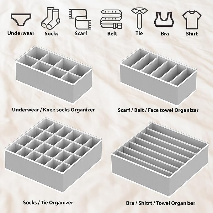 Styleys Non Woven Clothing Storage Box Closet Dresser Drawer Organizer Cube Basket Bins Containers Divider Organiser For Bra Panty Socks Tie Underwear Innerwear Scarf,Set Of 4(Grey-S1014) - Image 5