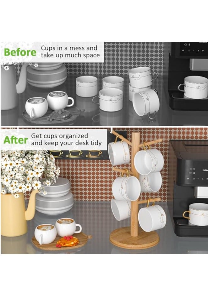 Coffee Mug Holder, Bamboo Mug Tree with Thicker Base Coffee Cup Mug Stand for Counter, Mug Rack Ear Headset Stand with 6 Hooks - Image 2