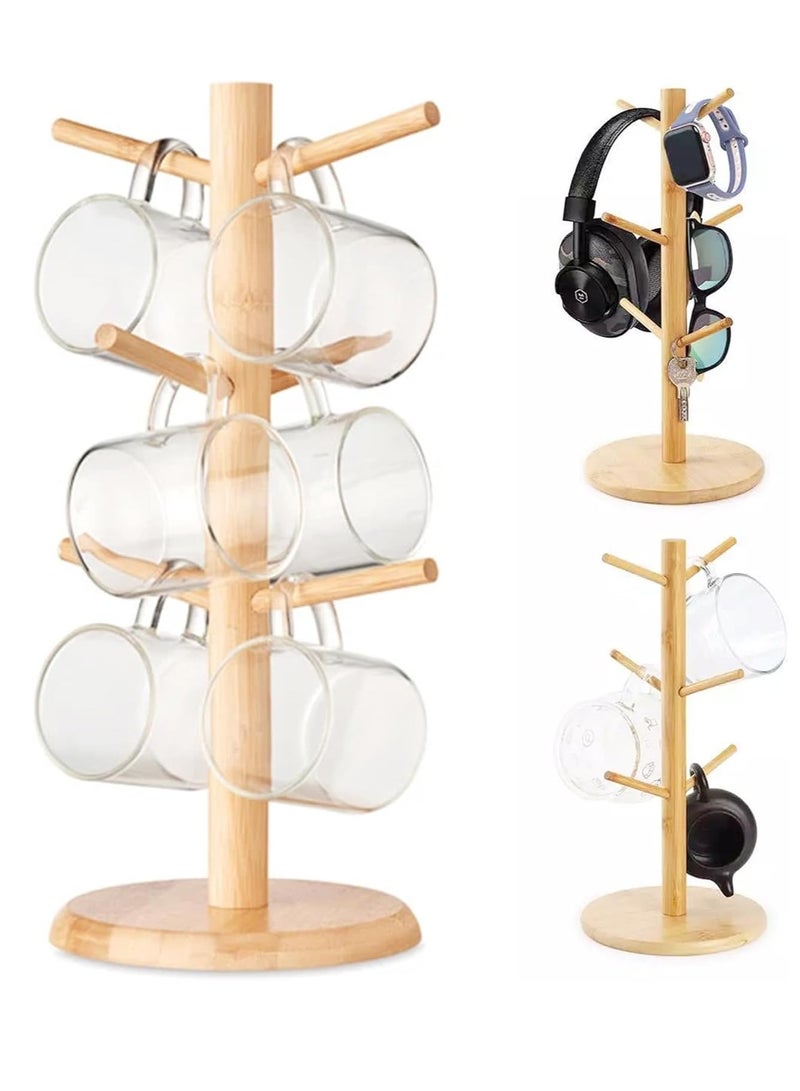 Coffee Mug Holder, Bamboo Mug Tree with Thicker Base Coffee Cup Mug Stand for Counter, Mug Rack Ear Headset Stand with 6 Hooks - Image 1