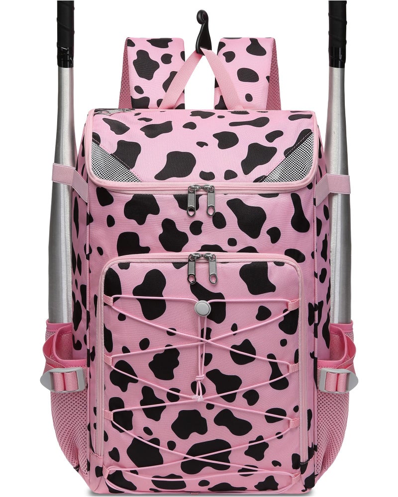 FOKDUVB Baseball Softball Equipment Bag for Boys Girls Ages 812 1012 1214 Large Kids Youth Bat Bag Backpack with Ventilated Shoe Compartment Baseball Softball Stuff Supplies Pink Cow Print - Image 2