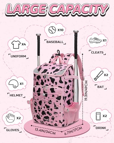 FOKDUVB Baseball Softball Equipment Bag for Boys Girls Ages 812 1012 1214 Large Kids Youth Bat Bag Backpack with Ventilated Shoe Compartment Baseball Softball Stuff Supplies Pink Cow Print - Image 3