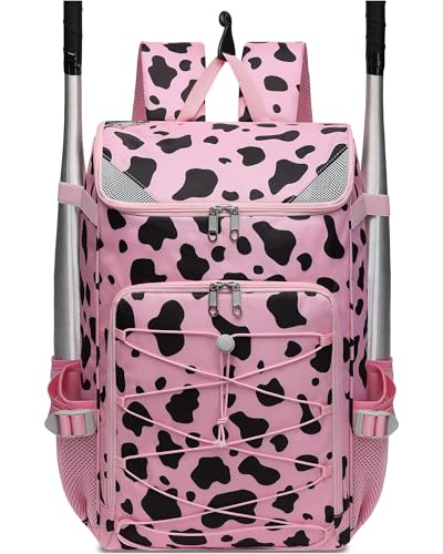 FOKDUVB Baseball Softball Equipment Bag for Boys Girls Ages 812 1012 1214 Large Kids Youth Bat Bag Backpack with Ventilated Shoe Compartment Baseball Softball Stuff Supplies Pink Cow Print - Image 1