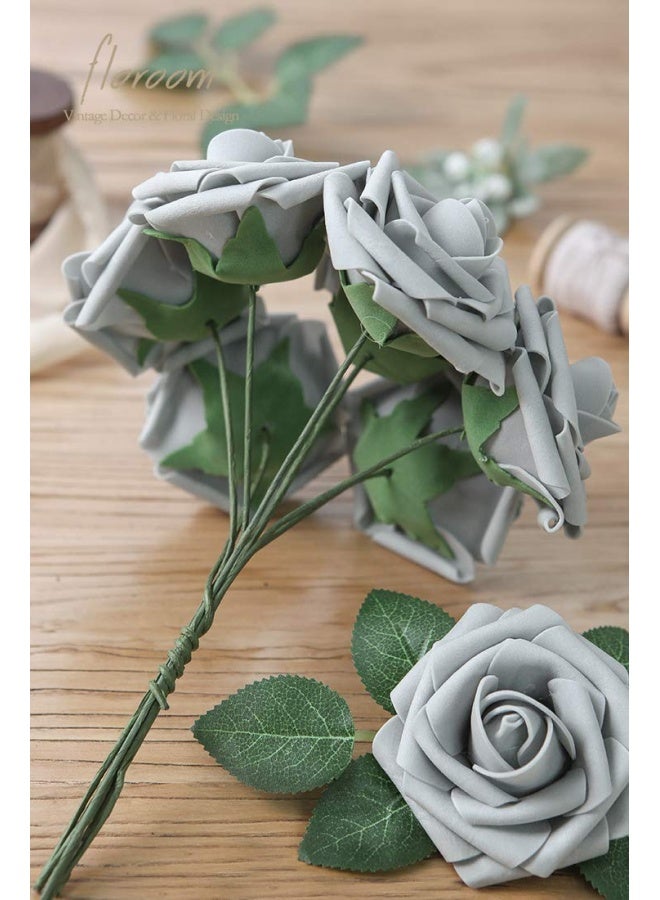 Artificial Flowers 25 Pieces Real Looking Silver Grey Foam Fake Roses With Stems For Diy Wedding Bouquets Bridal Shower Centerpieces Floral Arrangements Party Tables Home Decorations - Image 2