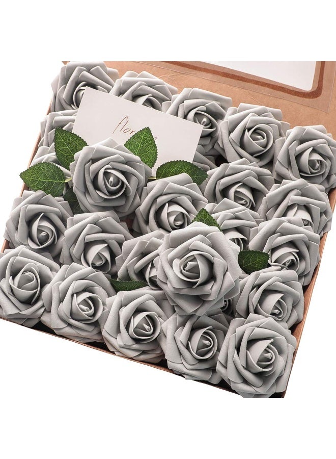 Artificial Flowers 25 Pieces Real Looking Silver Grey Foam Fake Roses With Stems For Diy Wedding Bouquets Bridal Shower Centerpieces Floral Arrangements Party Tables Home Decorations - Image 1