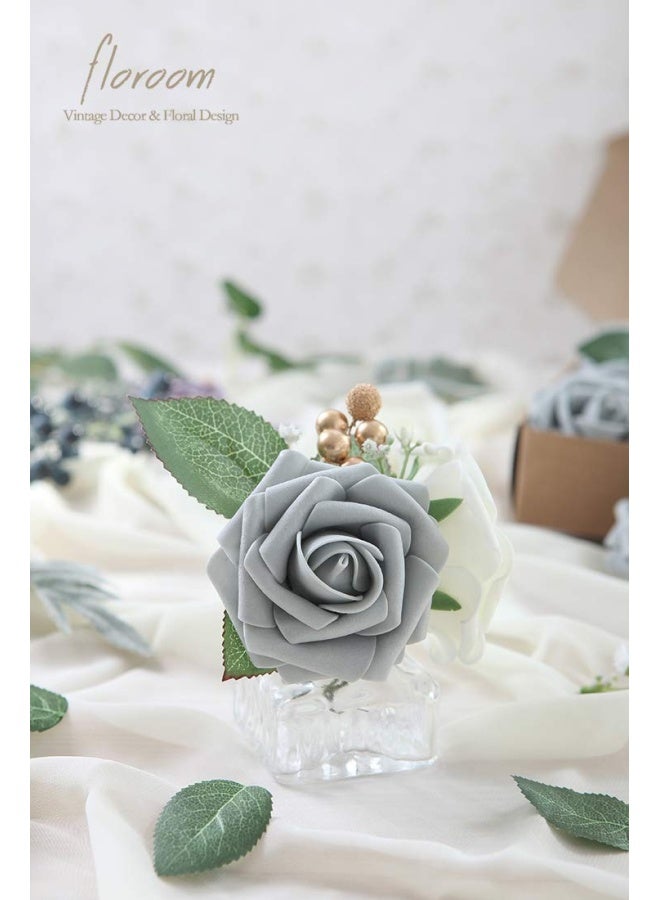 Artificial Flowers 25 Pieces Real Looking Silver Grey Foam Fake Roses With Stems For Diy Wedding Bouquets Bridal Shower Centerpieces Floral Arrangements Party Tables Home Decorations - Image 5