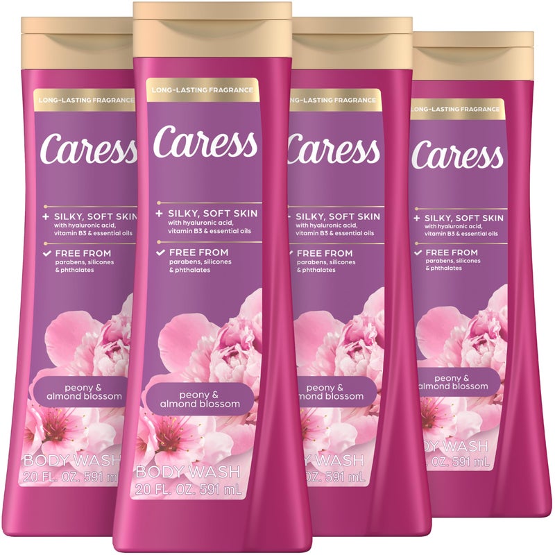 Caress Body Wash for Women Peony  Almond Blossom Shower Gel Moisturizing Body Wash for Fresh Smooth Skin To Soothe and Unwind 20 fl oz Pack of 4