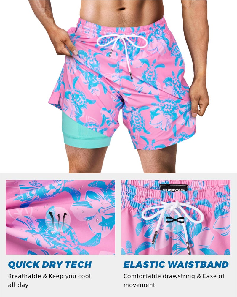 SURF CUZ Mens Swim Trunks with Compression Liner Quick Dry Swim Shorts 7" Swimming Trunks Stretch Zipper Pockets Pink Blue Turtles Medium - Image 3