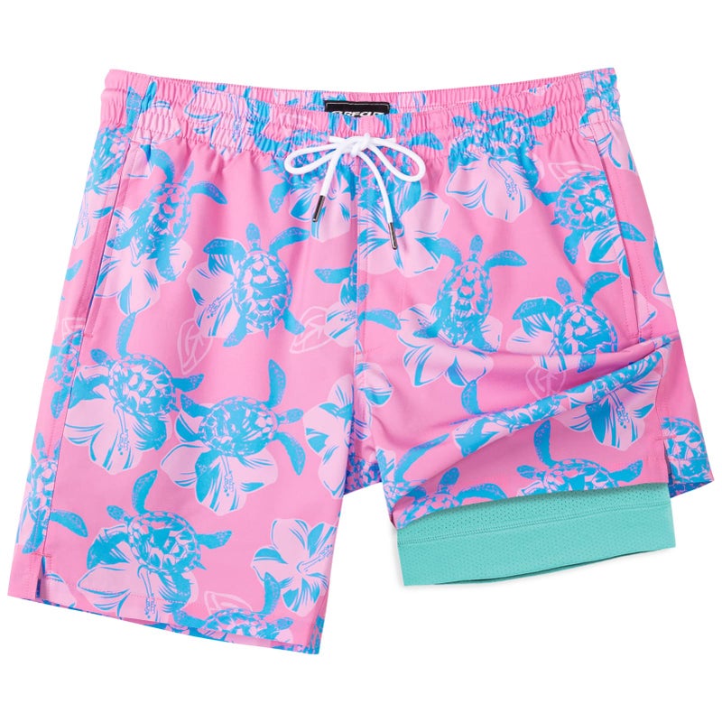 SURF CUZ Mens Swim Trunks with Compression Liner Quick Dry Swim Shorts 7" Swimming Trunks Stretch Zipper Pockets Pink Blue Turtles Medium - Image 1