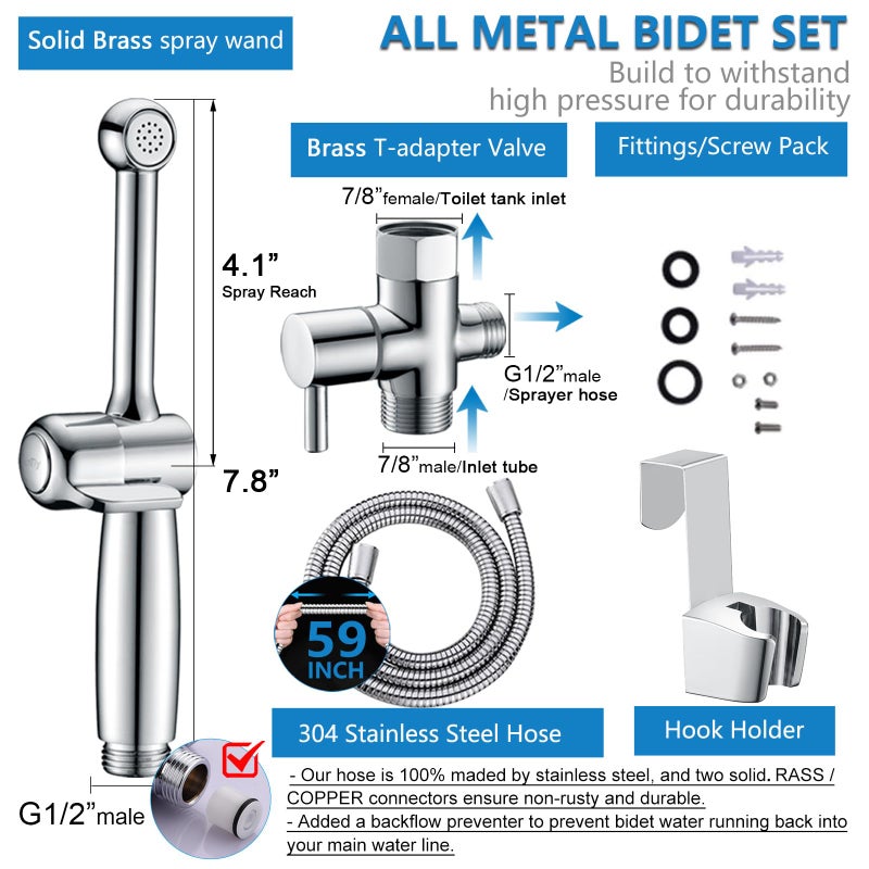 Uvish Handheld Bidet Sprayer for Toilet, Hand Held Bidet Attachment, Cloth Diaper Toilet Sprayer Brass 7.9" Bidet Wand, Adjustable Water Jet Spray for Toilet with Backflow Preventer, Chrome - Image 2