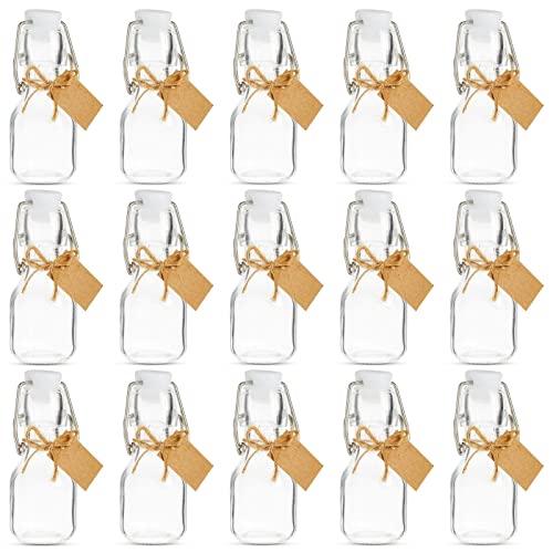 BLUE PANDA Mini Glass Bottles Swing Top - 15 Pack 2 Oz/60 ml Blue & White - Kraft Tags & Jute Twine Included - Wedding Favor Glass Bottles & DIY Jars - Image 1