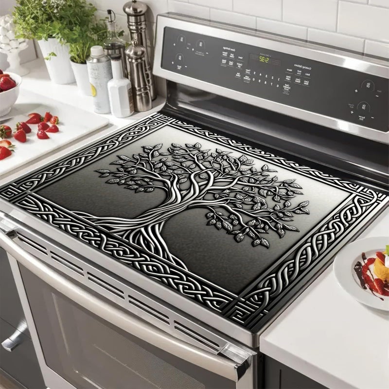 HOMETITUTE Tree Stove Top Covers Pad 28 x 20 inches Silver Tree of Life Kitchen Decorations Dish Drying Mat Coffee Bar Mats Kitchen Decor Absorbent Pad Fit Coffee Maker Machine Dish Drying - Image 1