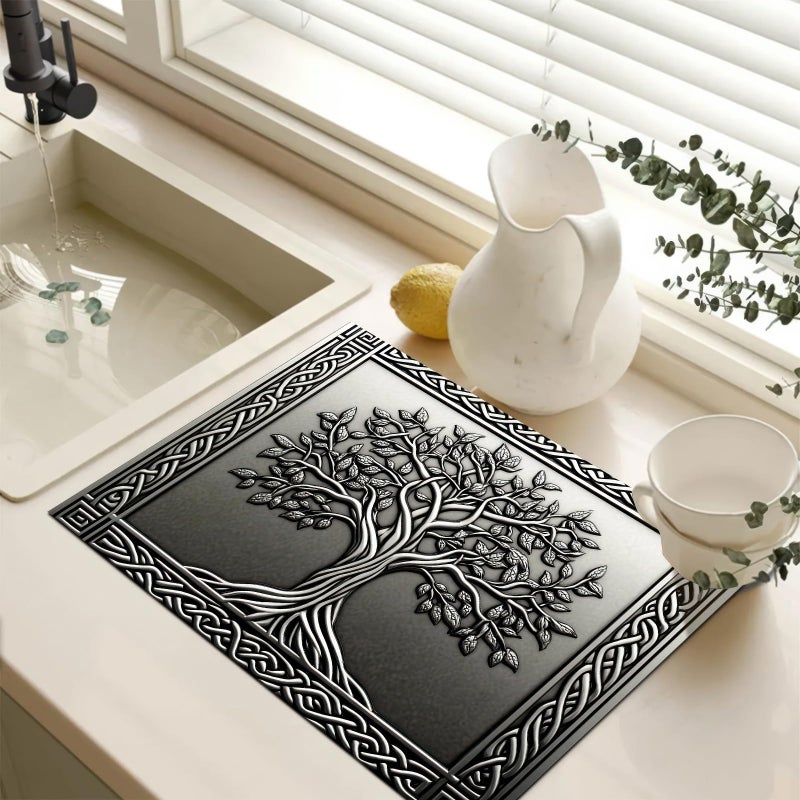 HOMETITUTE Tree Stove Top Covers Pad 28 x 20 inches Silver Tree of Life Kitchen Decorations Dish Drying Mat Coffee Bar Mats Kitchen Decor Absorbent Pad Fit Coffee Maker Machine Dish Drying - Image 3