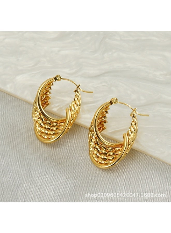 AMETOER 18K Gold Plated Stainless Steel Multi-Layer Irregular Vintage French Style Earrings - High-End Niche Ear Accessories for Fashion Lovers - Image 4