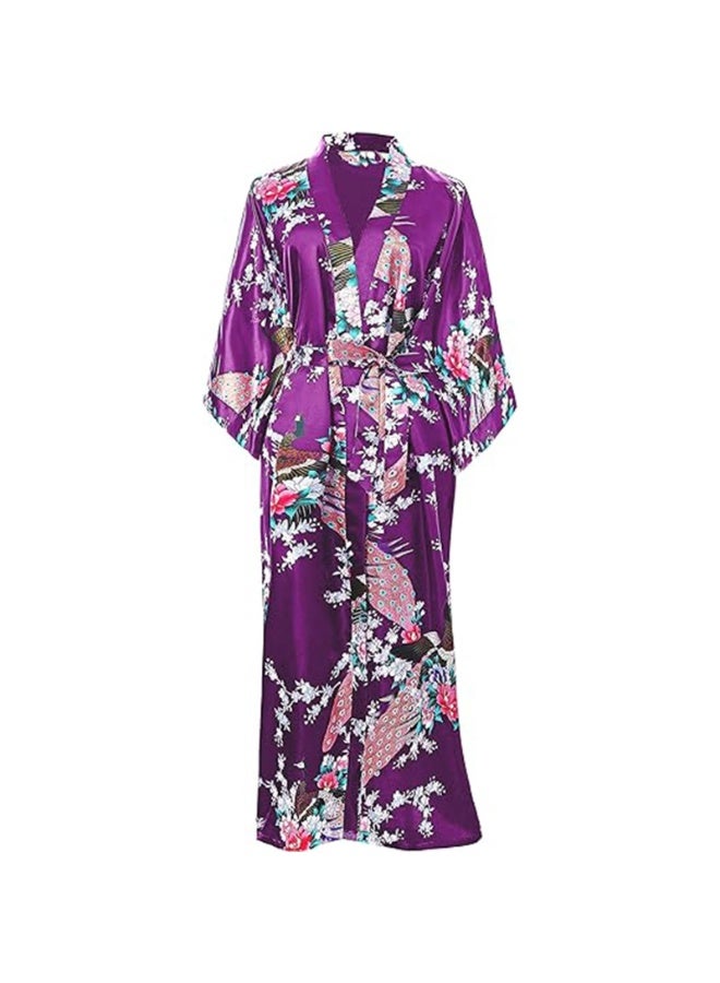 رداء كيمونو نسائي طويل مع ثوب نوم مطبوع عليه نقشة الطاووس والزهور (المقاس: أرجواني) - Image 2