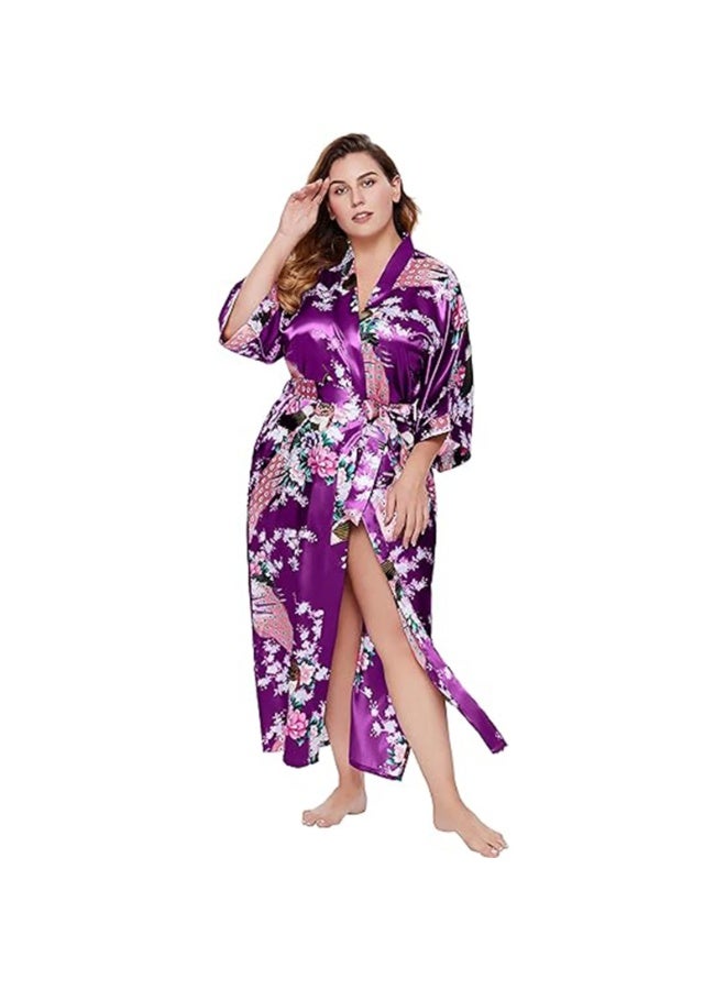 رداء كيمونو نسائي طويل مع ثوب نوم مطبوع عليه نقشة الطاووس والزهور (المقاس: أرجواني) - Image 3
