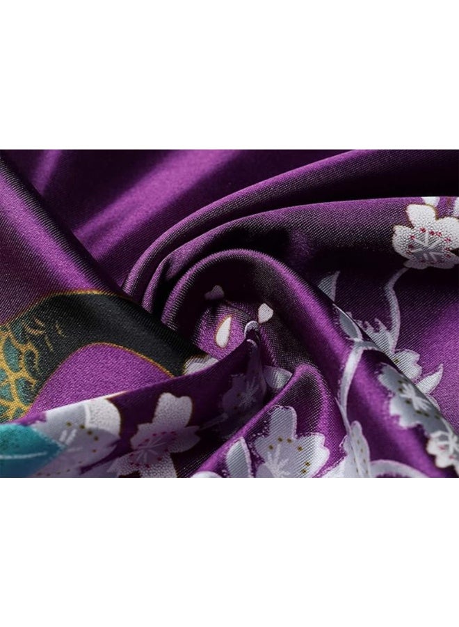 رداء كيمونو نسائي طويل مع ثوب نوم مطبوع عليه نقشة الطاووس والزهور (المقاس: أرجواني) - Image 5