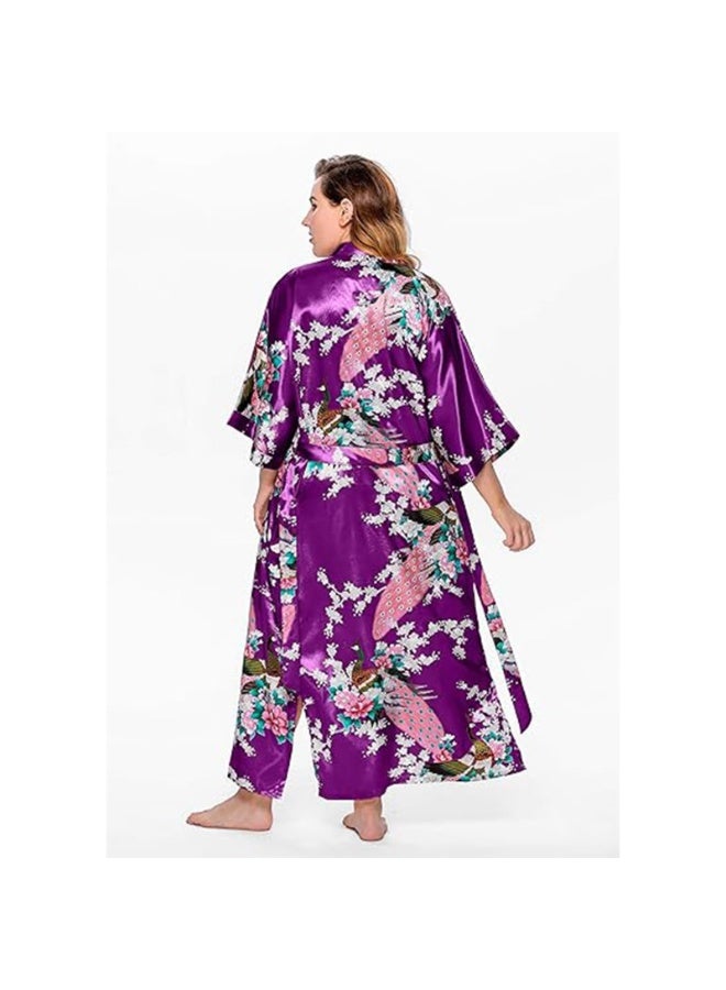 رداء كيمونو نسائي طويل مع ثوب نوم مطبوع عليه نقشة الطاووس والزهور (المقاس: أرجواني) - Image 4