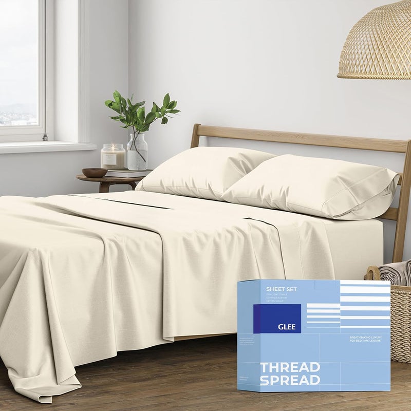 THREAD SPREAD Egyptian Cotton Sheets California King Size - Luxury 400 Thread Count Cotton Sheets (4 PC, Ivory), Silky Soft, Cooling, Sateen Weave, 16" Deep Pocket Long Staple Hotel Bedding Set - Image 1