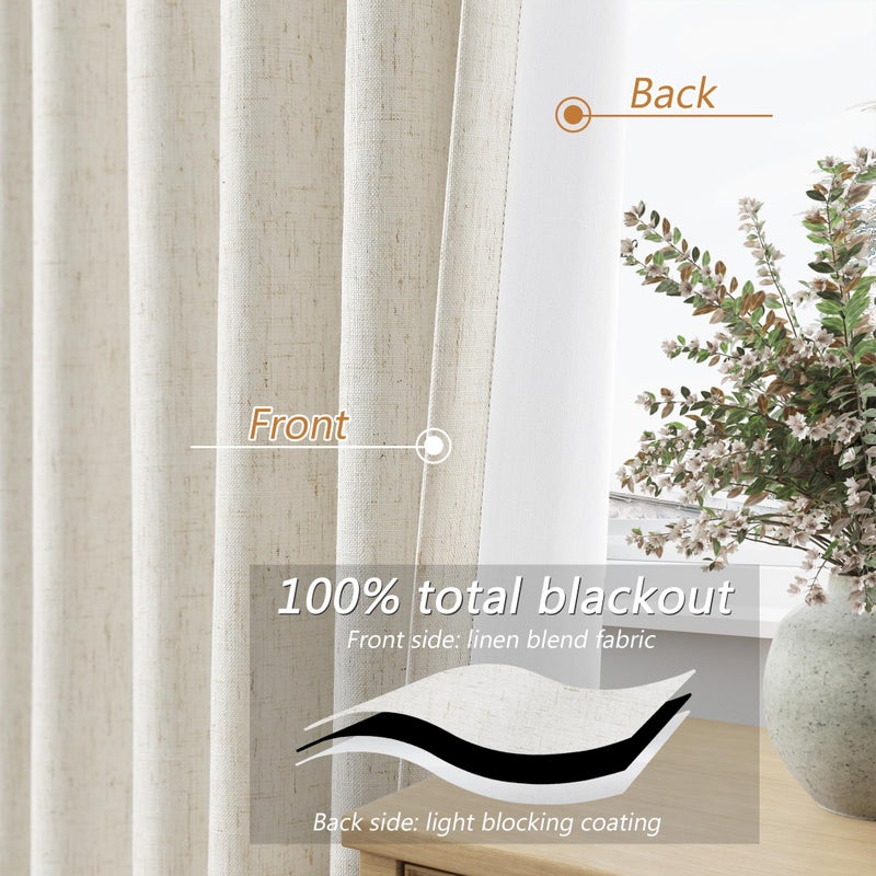 Guken Cream 100% Blackout Linen Curtains 108 Inch Length 2 Panels Set for Living Room Bedroom Back Tab Thermal Insulated Black Out Drapes Room Darkening Farmhouse Window Curtains 52x108 - Image 3
