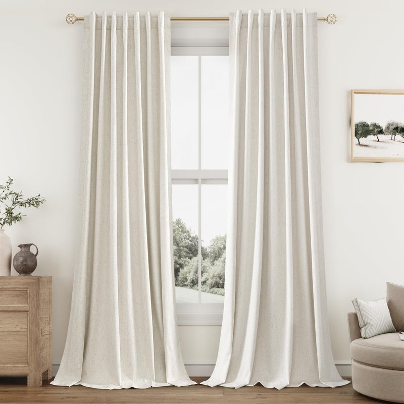 Guken Cream 100% Blackout Linen Curtains 108 Inch Length 2 Panels Set for Living Room Bedroom Back Tab Thermal Insulated Black Out Drapes Room Darkening Farmhouse Window Curtains 52x108 - Image 1
