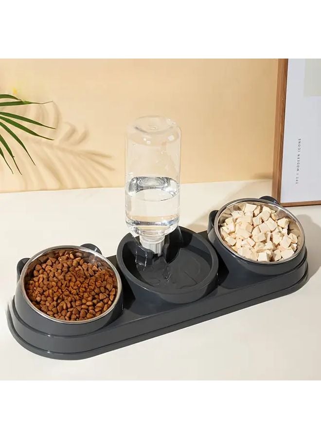 Gray Stainless Steel 2 in 1 Dual Bowl Pet Feeder and Water Dispenser for Cats Dogs - Image 1