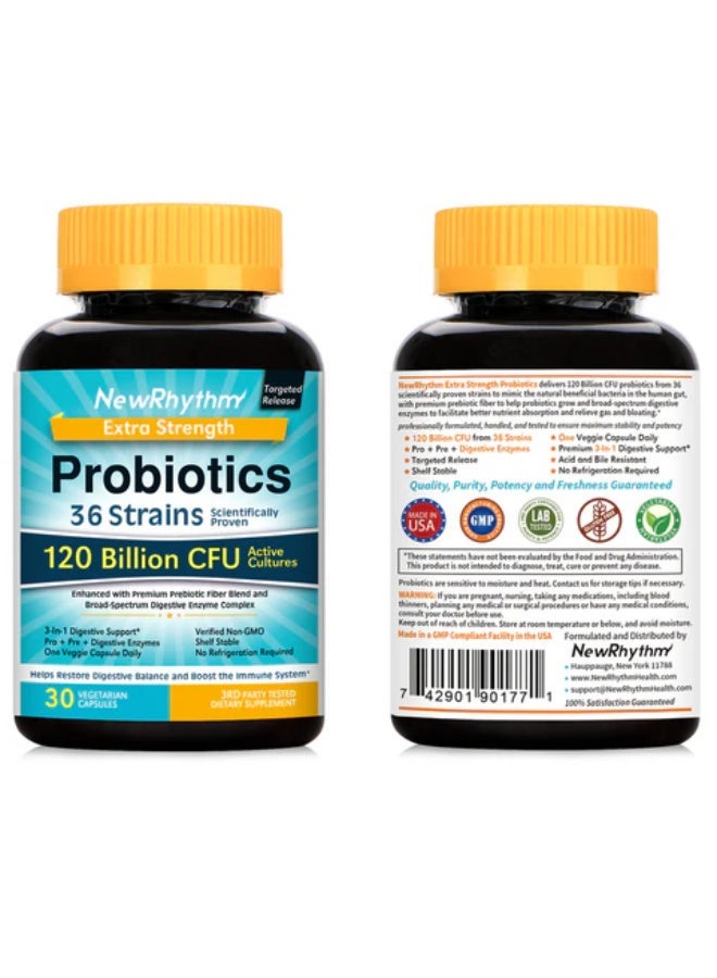 NewRhythm Probiotics 120 Billion CFU 36 Strains for Women & Men, Vegan 30 Capsules 30 servings - Image 1