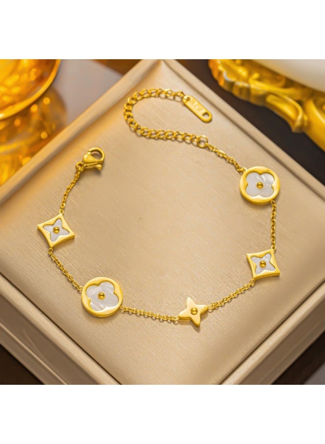 Julia Store 18K Gold Plated Stainless Steel Love Trendy Luxury Lucky Blossom Link Clover Bracelet for Women Bracelets Jewelry Gifts for Women - Mother Of Pearl - Image 4