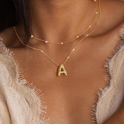 PANSHI Gold Initial Necklaces for Teens Women, Teen Gifts Trendy Layered Bubble Letter Choker Necklace Jewelry Birthday Gifts for Teens Women Teenage A. - Image 3