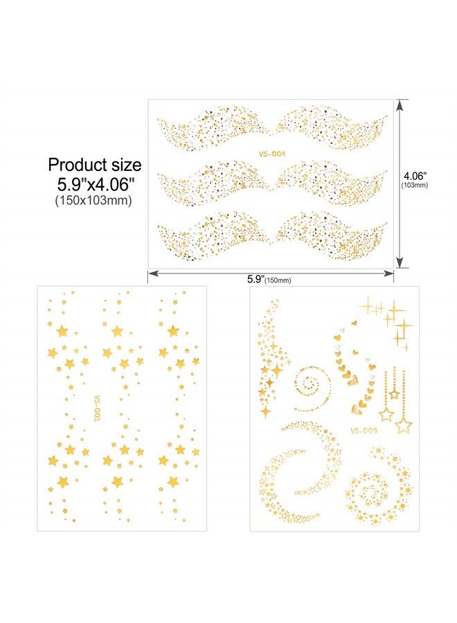Konsait 7sheets Face Tattoo Sticker Metallic Temporary Transfer Tattoo Waterproof Face Jewel s for Women Girls Make Up Dancer Costume Parties, Shimmer Glitter Designs Gold Tattoos - Image 2