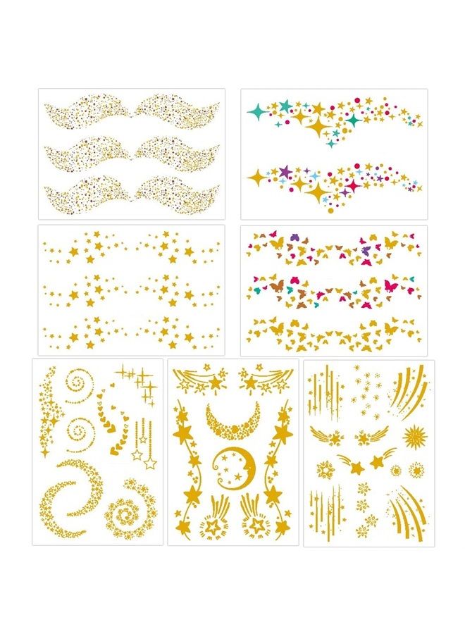Konsait 7sheets Face Tattoo Sticker Metallic Temporary Transfer Tattoo Waterproof Face Jewel s for Women Girls Make Up Dancer Costume Parties, Shimmer Glitter Designs Gold Tattoos - Image 1