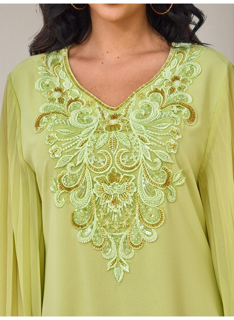 Kaiyuede Abaya Eid Lime Green Floral Embroidery Sequin Beading Pleated Bell Sleeve Polyester Opaque Lined Full Coverage S-XL - Image 3