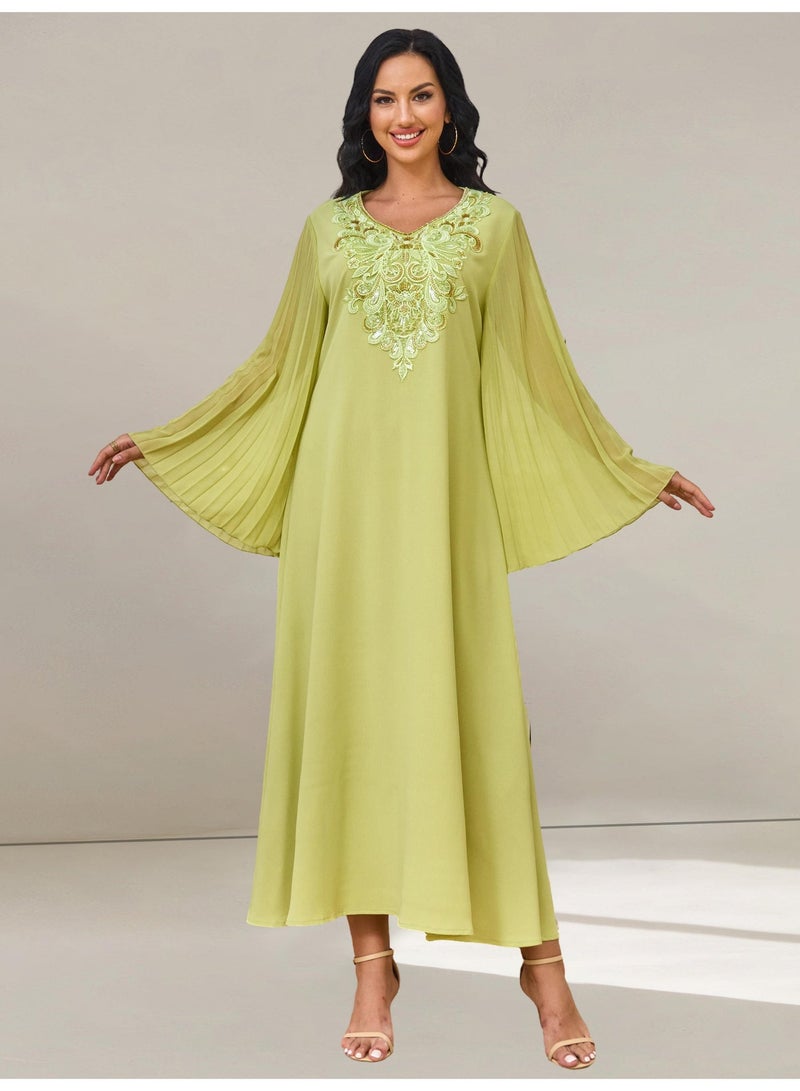 Kaiyuede Abaya Eid Lime Green Floral Embroidery Sequin Beading Pleated Bell Sleeve Polyester Opaque Lined Full Coverage S-XL - Image 1