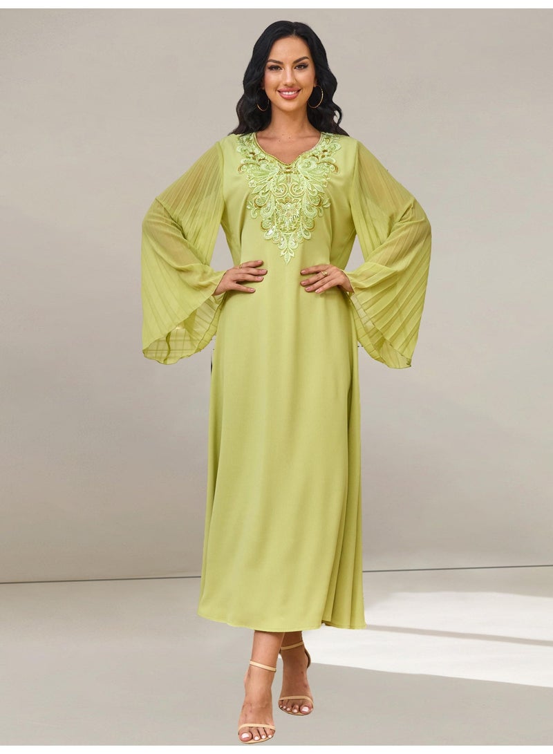 Kaiyuede Abaya Eid Lime Green Floral Embroidery Sequin Beading Pleated Bell Sleeve Polyester Opaque Lined Full Coverage S-XL - Image 4