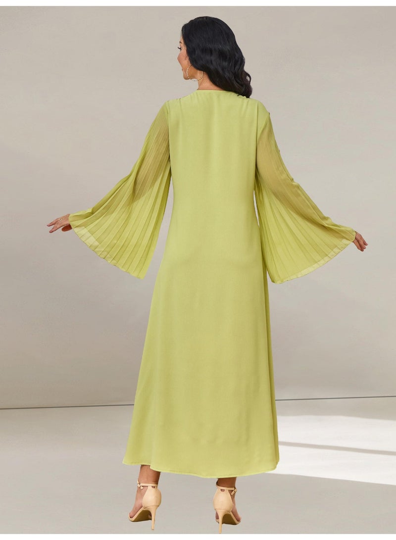 Kaiyuede Abaya Eid Lime Green Floral Embroidery Sequin Beading Pleated Bell Sleeve Polyester Opaque Lined Full Coverage S-XL - Image 2