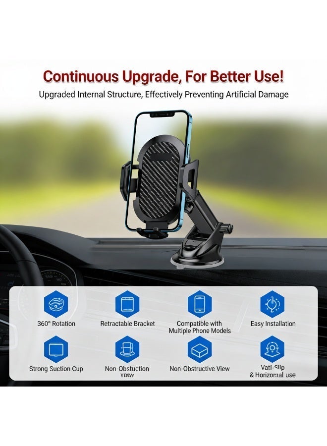 Carbon Fiber Car Phone Holder - Long Arm Suction Cup Mount - 360° Rotation, Telescopic Arm, Universal Compatibility - Black - Image 3