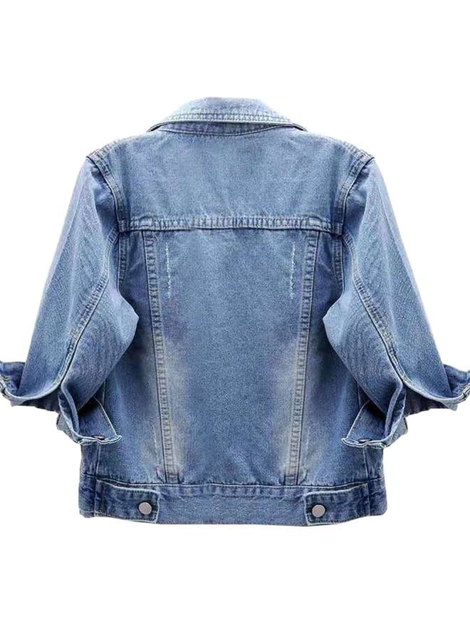 Locachy Womens 3/4 Sleeve Short Denim Jacket Lapel Button Down Cropped Trucker Jean Jackets Coats, Light Blue, X-Small - Image 4