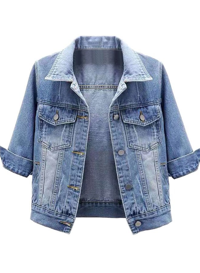 Locachy Womens 3/4 Sleeve Short Denim Jacket Lapel Button Down Cropped Trucker Jean Jackets Coats, Light Blue, X-Small - Image 1