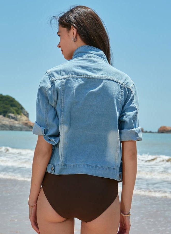 Locachy Womens 3/4 Sleeve Short Denim Jacket Lapel Button Down Cropped Trucker Jean Jackets Coats, Light Blue, X-Small - Image 5