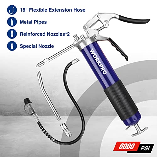 WORKPRO Grease Gun Kit, 6000PSI Heavy Duty Grease Gun with 18inch Flexible Hose, 2 Fixed Tubes and 3 Nozzles, 14oz Load - Image 3