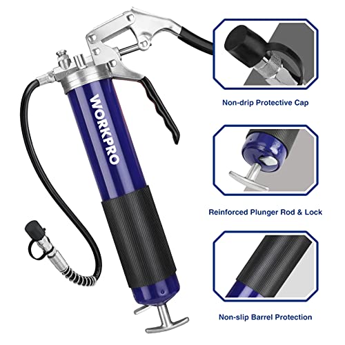 WORKPRO Grease Gun Kit, 6000PSI Heavy Duty Grease Gun with 18inch Flexible Hose, 2 Fixed Tubes and 3 Nozzles, 14oz Load - Image 4