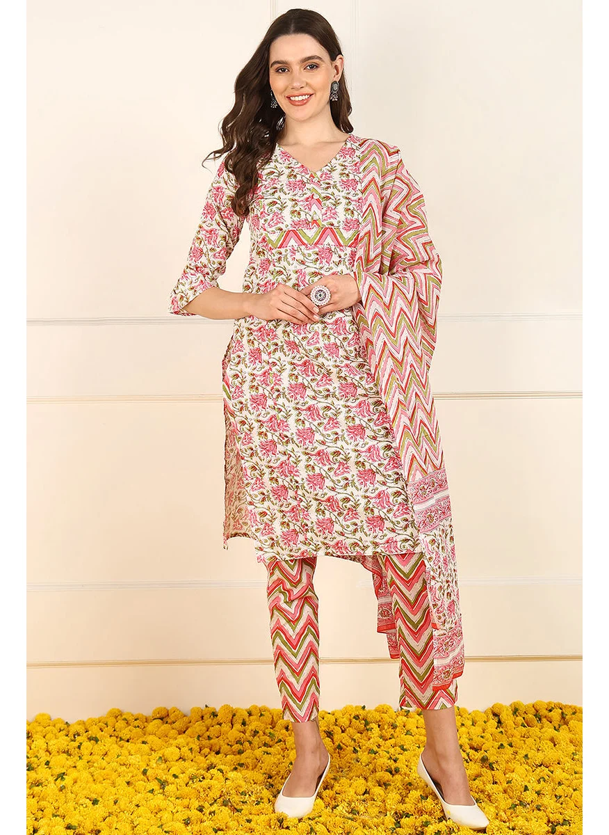 زيري سوق Pink Pure Cotton Floral Printed Straight Kurat Set