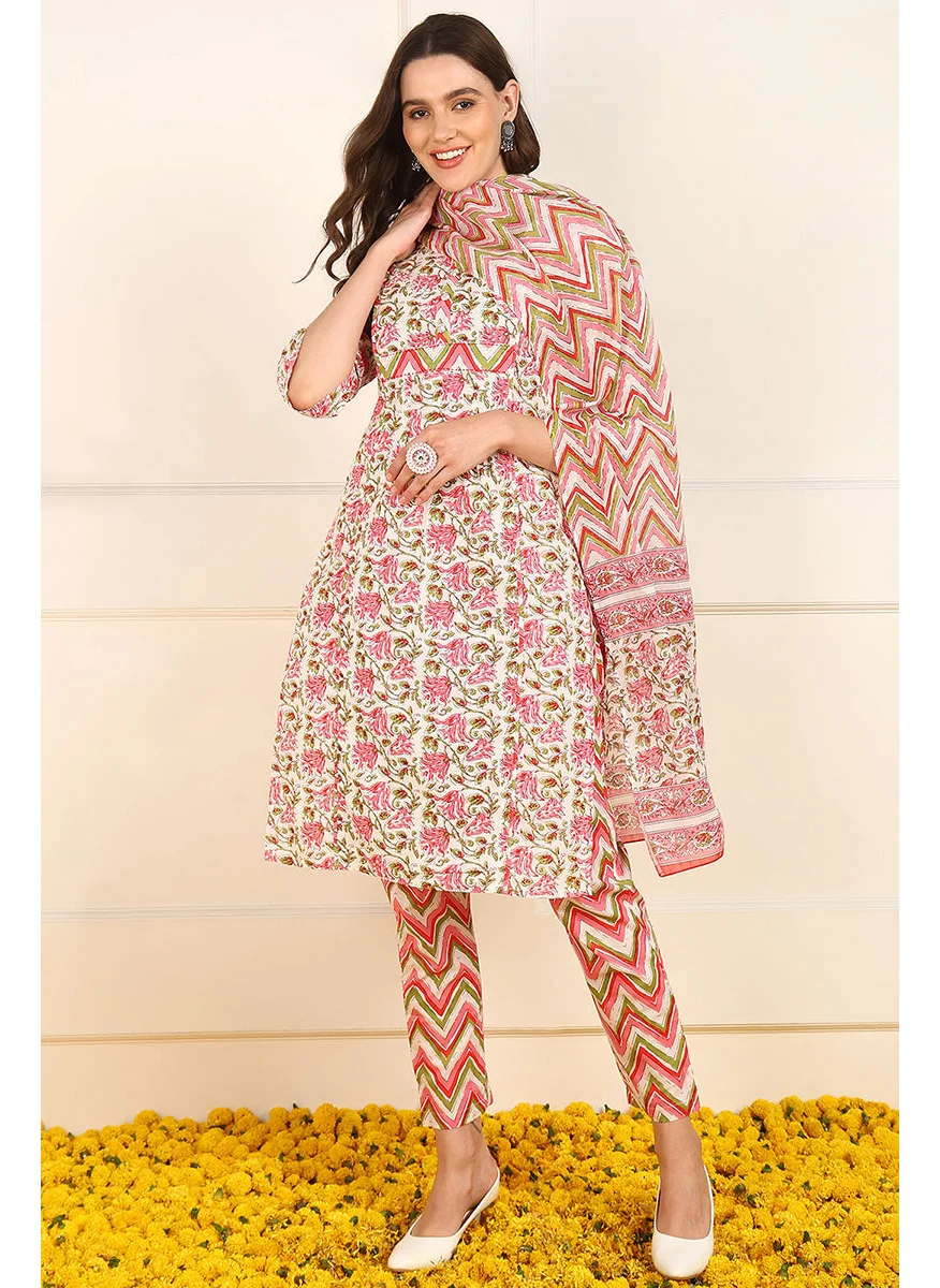 زيري سوق Pink Pure Cotton Floral Printed Straight Kurat Set