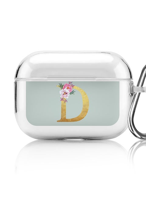 Classic Clear printed Case for Apple Airpods Pro Soft TPU Gel Thin Transparent Flexible Cover - Custom Monogram Initial Letter Floral Pattern Alphabet - D ( Light Green )