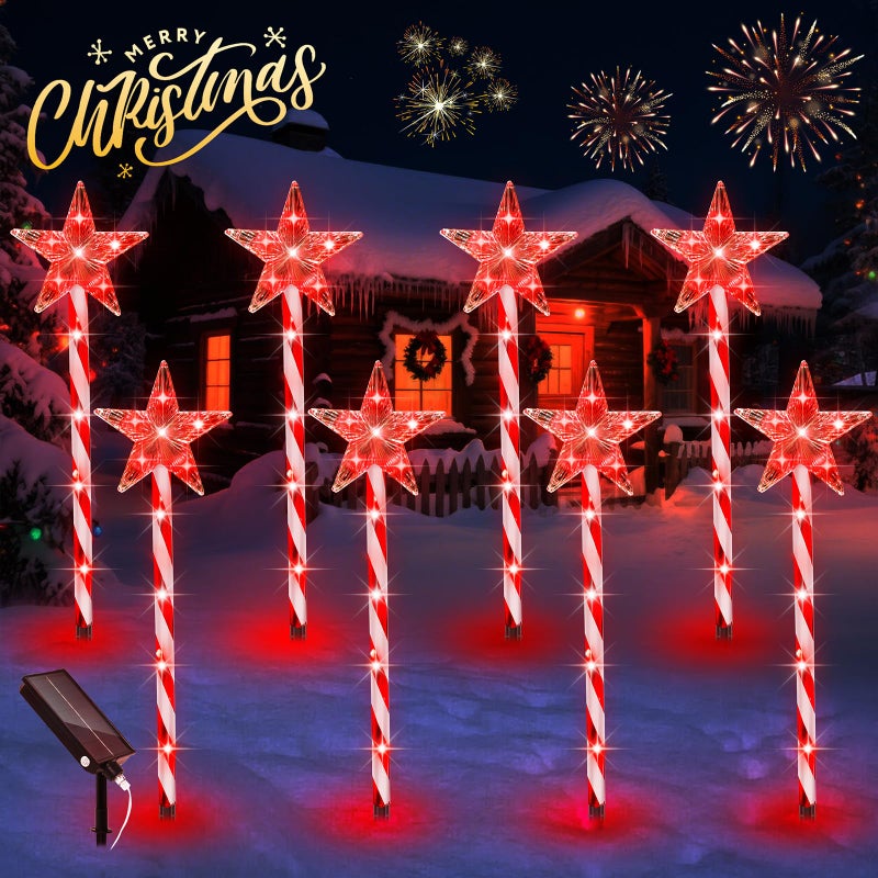 ZIVASA Solar Christmas Lights Outdoor 8 Pack, 2200mAh Solar Xmas Decorations Star Light, 8 Lighting Modes IP65 Waterproof Christmas Pathway Lights Outside for Garden, Yard, Street, Park, Holiday (RED) - Image 1